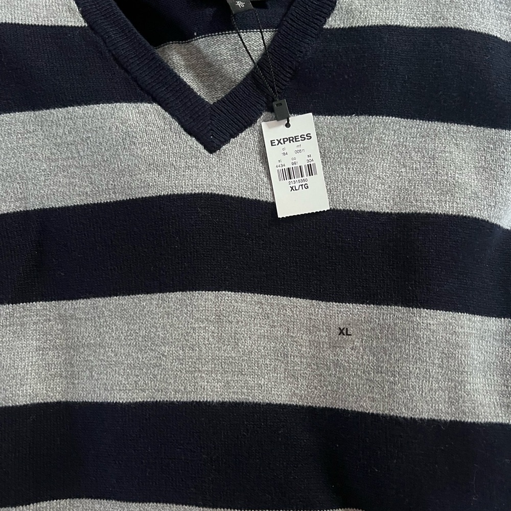 Express Men's V-Neck Sweater - Black and Gray Stripes